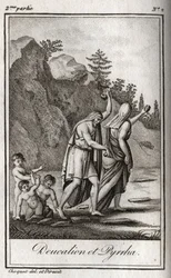 Darstellung von Deukalion und Pyrrha, die einzigen Überlebenden nach der Sintflut, die Zeus verursacht hat, um die Menschheit zu zerstören. Themis nach der Sintflut fordert sie auf, mit bedecktem Kopf hinter sich die Knochen ihrer Mutter (die Steine der Er