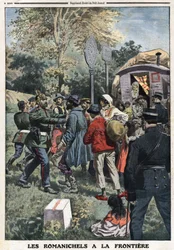 Roma auf der Grenze: Die französischen Gendarmen verweisen nomadische Familien an die deutsche Grenze oder deutsche Gendarmen hindern sie daran, in ihr Land einzudringen. Gravur in „Le Petit Journal“, am 08.09.1912. Private Sammlung.
