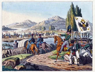 Die russische Armee überquert den Pruth-Fluss nach Moldawien im Mai 1828
