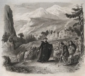 Der heilige Franz von Sales (1567-1622), Bischof von Genf, auf einer Pastoralreise. Gravur von 1846 in „Lives of the saints“. Private Sammlung