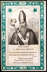 Heiliger Protais, Bischof von Mailand. Andachtsbild. Postkarte. Anfang des 20. Jahrhunderts. Private Sammlung