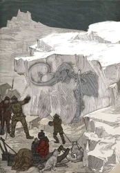 Suche nach Mammut-Fossilien-Elfenbein in Sibirien im 19. Jahrhundert. Gravur von 1885 in „Les arts et métiers illustrés“ von Adolphe Bitard.