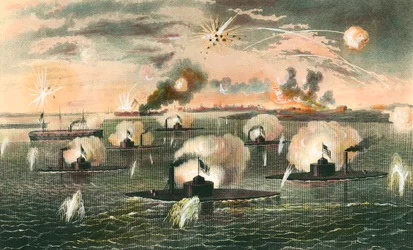 Sezessionskrieg (1861-1865): „Angriff der schwimmenden Batterien während des Sezessionskriegs“, Gravur um 1865, Privatsammlung