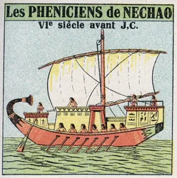 Schiffe und Schiffe: phönizische Seeleute im Dienst des Pharaos Necho im 7. Jahrhundert v. Chr. Anonyme Illustration von 1925. Private Sammlung.
