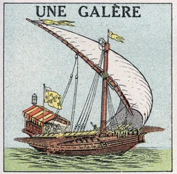Schiffe und Schiffe: eine Galeere. Anonyme Illustration von 1925. Private Sammlung.