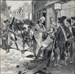 Belagerung von Lille 1792: Maes verwendet eine Bombensplitter als Rasierbecken für einen Kunden. Gravur in Le Petit Parisien am 16.10.1892. Private Sammlung