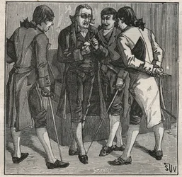 Test des brasilianischen falschen Diamanten durch John Mawe (1764-1829), britischer Mineraloge. Gravur aus 1885 in „Les arts et metiers illustres“ von Adolphe BITARD.