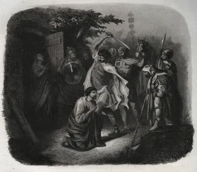 Die Enthauptung des Heiligen Julian (Martyrium). Gravur von 1846 in „Lives of the saints“. Private Sammlung.