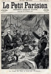 Die französisch-russische Allianz: der Toast von Zar Nikolaus II. (1868-1918) zu Ehren des französischen Präsidenten Felix Faure (1841-1899) an Bord der Pothau. In „Le Petit Parisien“ am 05.09.1897