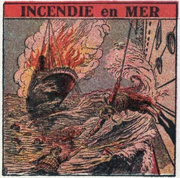 Die T.S.F.: Feuer auf See. Die T.S.F. wird von Schiffen verwendet, um bei einem Schiffswrack um Hilfe zu rufen. Anonyme Illustration von 1925. Private Sammlung.