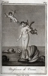Die Geburt der Venus. Gravur von 1819 in „Lettres à Emilie sur la mythologie“ von Charles Albert Demoustier (1760-1801). Private Sammlung.