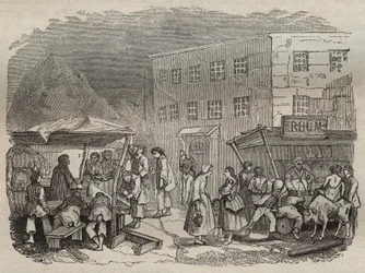 Die Kantine des Rochefort Bagne im 19. Jahrhundert. Gravur in „Histoire des bagnes depuis leur création à nos jours“ (1877) von Pierre Zaccone. Private Sammlung.