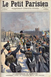 Das hundertjährige Jubiläum von Saint-Cyr: Napoleon I. Bonaparte (1769-1821) inspiziert die Schüler der Militärschule. In „Le Petit Parisien“ am 12.04.1908