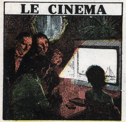Der Kinematograph: Eine Familie schaut einen Film auf einer Leinwand. Anonyme Illustration von 1925. Private Sammlung.