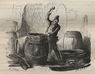 Der Küfer des Bagne von Toulon im 19. Jahrhundert. Gravur in „Histoire des bagnes depuis leur création à nos jours“ (1877) von Pierre Zaccone (1817-1895). Private Sammlung