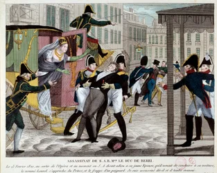 Der Tod von Charles Ferdinand de Bourbon, Herzog von Berry (1778-1820) am 13.02.1820 beim Verlassen der Königlichen Musikakademie. Der Neffe von König Louis XVIII. wurde an der Oper von Louvel, einem Republikaner, der die königliche Dynastie beenden wollte