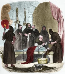 Die Wasserfrage: Pedro (Pierre) de Arbues (1441/1442 - 1485) verhört unter Folter eine junge Frau, die angeblich ihre Schwester zum Luthertum verführt hat. Mit Schnüren gefesselt, wird Wasser in ein Tuch gegossen, das in den Rachen gedrückt wird.