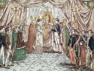 Die Hochzeit von Napoleon III. und Eugenia Maria de Montijo de Guzman, am 30.01.1853 in der Kathedrale Notre-Dame (Gravur)