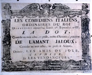 Theaterplakat, das das Stück „The dot“ und „The jealous lover“ präsentiert, aufgeführt von italienischen Komikern, 01/09/1788. Paris. Carnavalet Museum