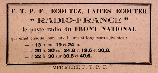 Flugblatt der FFI-FTPF, das zum Hören von Radio France aufruft, „der Radiosender der Front National“