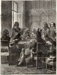 Frieden von Rijswijk (Der Frieden von Rijswijk, 30. Oktober 1697) (Ende des Pfälzischen Erbfolgekriegs zwischen Ludwig XIV. und der Großen Allianz). Kupferstich aus dem 19. Jahrhundert. Privatsammlung.
