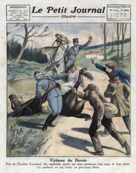 Vermischte Nachrichten: Ermordung zweier Gendarmen durch umherziehende Verbrecher auf der Straße nach Cavaillon im Vaucluse. Illustration aus „Le Petit Journal“ vom 06/03/1921. Privatsammlung.