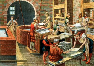 Ansicht einer Papiermanufaktur in Fabriano im 16. Jahrhundert, Italien. Die verschiedenen Schritte. Illustration. Private Sammlung - Eine Papiermanufaktur in Fabriano (Italien)