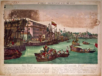 Ansicht des Hafens der Stadt New York in den Vereinigten Staaten, links eine Werft. Die Mündung des Hudson River und die Insel Manhattan (Gravur aus dem 18. Jahrhundert)