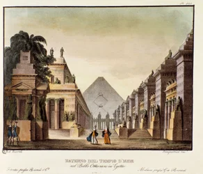 Ansicht des Tempels der Isis, Szenografie für das Ballett „Ottaviano in Egitto“ von Giovanni Galzerani (1828). Lithografie in „Raccolta di invenzioni sceniche del 1830 di Alessandro Sanquirico“. Mailänder Privatsammlung