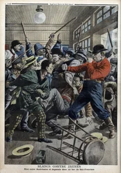 Weiß gegen Gelb: Amerikaner und Japaner kämpfen in einer Bar in San Francisco (Unruhen aufgrund der Ausweisung japanischer Kinder aus amerikanischen Schulen) - Illustration aus „Le Petit Journal“ vom 9. Juni
