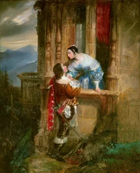 Junger Mann umwirbt eine Dame auf ihrem Balkon. Illustration für „Romeo und Julia“ von William Shakespeare