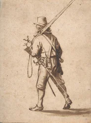 Ein gehender Musketier, von hinten gesehen, 17. Jahrhundert
