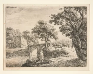 Herde in der Nähe einer Steinbrücke