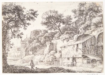 Landstraße mit einem Mann im Umhang und seinem Hund