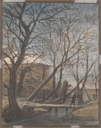 Winterlandschaft mit einem Mann, der überquert
