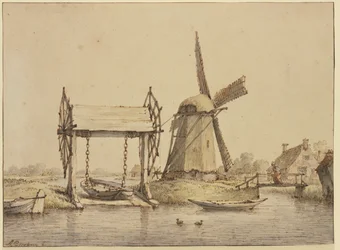 Landschaft mit Schiffshebewerk und Mühle