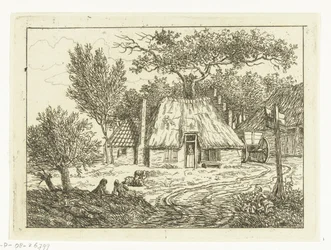 Karren neben Bauernhof mit Treppengiebel