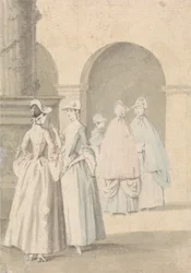 Damen neben einer Säule und Arkade