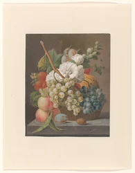 Stillleben mit Blumen und Früchten in einem Körbchen