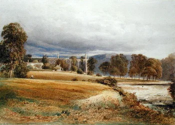 Bolton Abbey vom Fluss Wharfe, Südansicht, ca. 1825