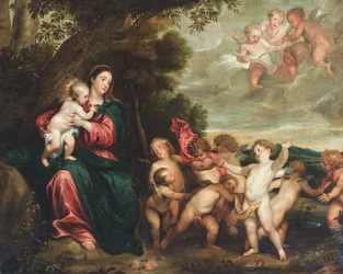 Die Madonna und das Kind in einer Landschaft, begrüßt vom kleinen Täufer und Engeln