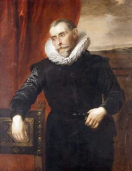 Porträt von Frans Snyders, halblang, in schwarzem Kostüm, auf einen Stuhl gelehnt, eine Landschaft dahinter