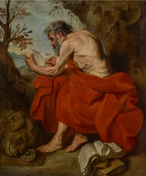 St. Hieronymus als Einsiedler in einer Landschaft, lesend