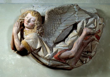Fliegender Engel. Relief in polychromem Kalkstein, zugeschrieben Antoine le Moiturier (1490 ca.)