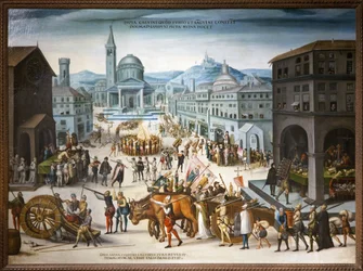 Plünderung von Lyon durch die Calvinisten im Jahr 1562. Protestantische ikonoklastische Handlungen gegen den Kult religiöser Bilder der katholischen Kirche. Während des ersten Religionskrieges nahmen Reformen unter der Führung von Baron des Adrets das Rath