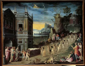 Allegorie: das Begräbnis der Liebe. Ein Trauerzug, der den Leichnam des Eros trägt, bewegt sich auf den Tempel der Venus zu. Aus der Werkstatt von Antoine Caron (1521-1599)