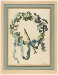 Trophäe mit Flöte, Efeu und blauem Band, 1780–90