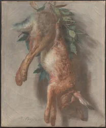 Jagdtrophäe mit Hase und Lorbeerblättern