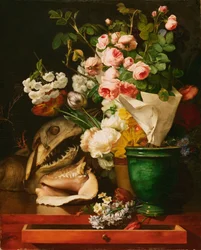 Stillleben mit Blumen, Muscheln, einem Haikopf und Versteinerungen