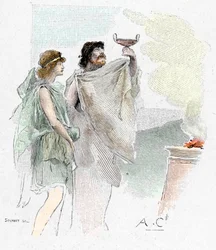 Odyssee von Homer: Peisistratos, Sohn von Nestor, bietet Telemachus in Pylos einen Becher Wein an (Illustration von Antoine Calbet für „Die Odyssee“)